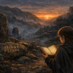 Une personne aux longs cheveux foncés lit un livre ouvert avec des inscriptions lumineuses dans un paysage rocheux brumeux au coucher du soleil, face à des pierres gravées.