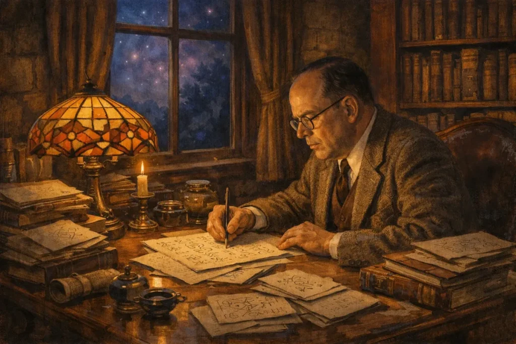 Un homme portant des lunettes écrit à un bureau en bois, entouré de feuilles couvertes de symboles, avec une lampe à abat-jour coloré et une bougie allumée, devant une fenêtre étoilée.