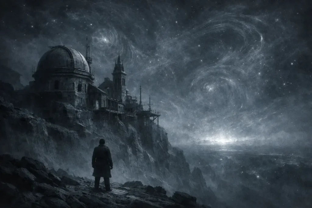 Un homme en manteau sombre se tient sur une falaise rocheuse, observant un bâtiment ancien avec un dôme et une tour sous un ciel étoilé aux motifs tourbillonnants lumineux.