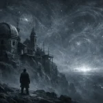 Un homme en manteau sombre se tient sur une falaise rocheuse, observant un bâtiment ancien avec un dôme et une tour sous un ciel étoilé aux motifs tourbillonnants lumineux.