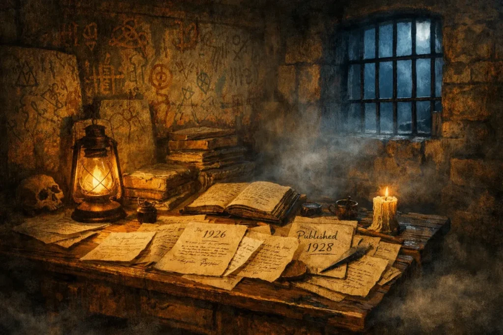 Table en bois dans une pièce sombre avec des papiers manuscrits datés de 1926 et 1928, une lampe à pétrole allumée, une bougie, plusieurs livres, un crâne et des murs en pierre ornés de symboles mystérieux.