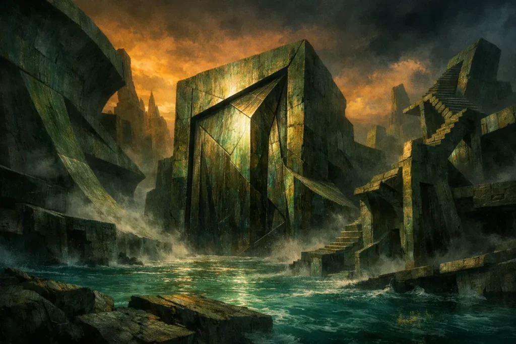 Paysage étrange montrant des constructions massives en pierre avec formes géométriques bizarres, des escaliers désaxés et des eaux turbides sous un ciel orange sombre.