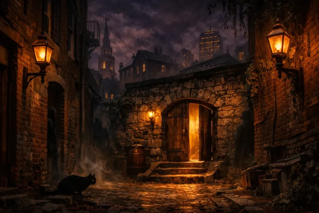 Une ruelle pavée sombre avec des murs en pierre et en brique, éclairée par des lanternes à l'ancienne, une porte en bois entrouverte laissant échapper une lumière chaude, un chat noir au sol.