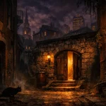 Une ruelle pavée sombre avec des murs en pierre et en brique, éclairée par des lanternes à l'ancienne, une porte en bois entrouverte laissant échapper une lumière chaude, un chat noir au sol.