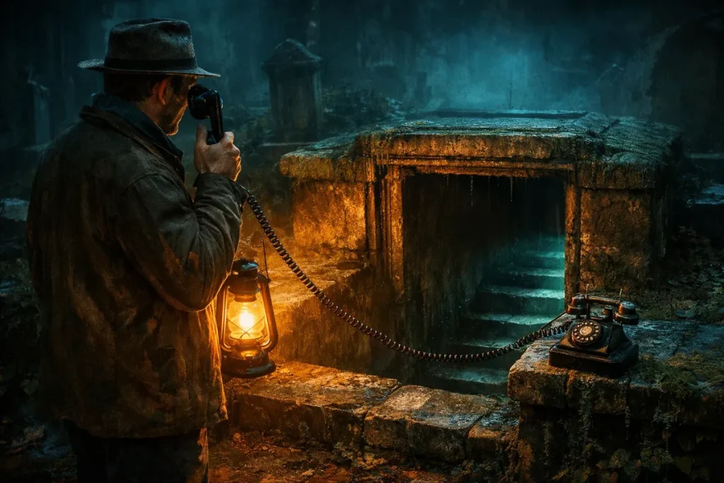 Un homme en manteau et chapeau parle au téléphone près d'une vieille pierre, une lanterne éclaire un escalier menant à une entrée sombre sous la pierre