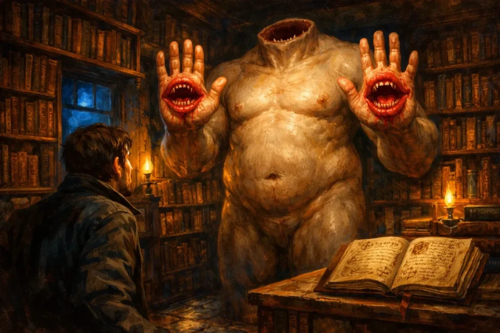 Un homme observe une créature massive sans tête dans une bibliothèque remplie de livres. La créature a des bouches avec des dents sur ses paumes, éclairée par deux chandelles et une fenêtre bleutée.